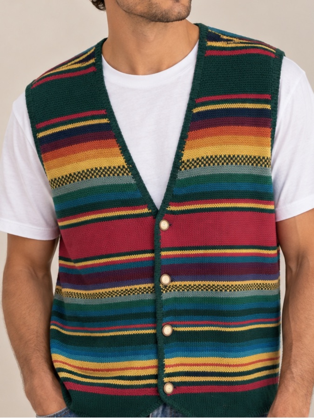 Structure Multicolor Striped Knit Vest in Green and Burgundy